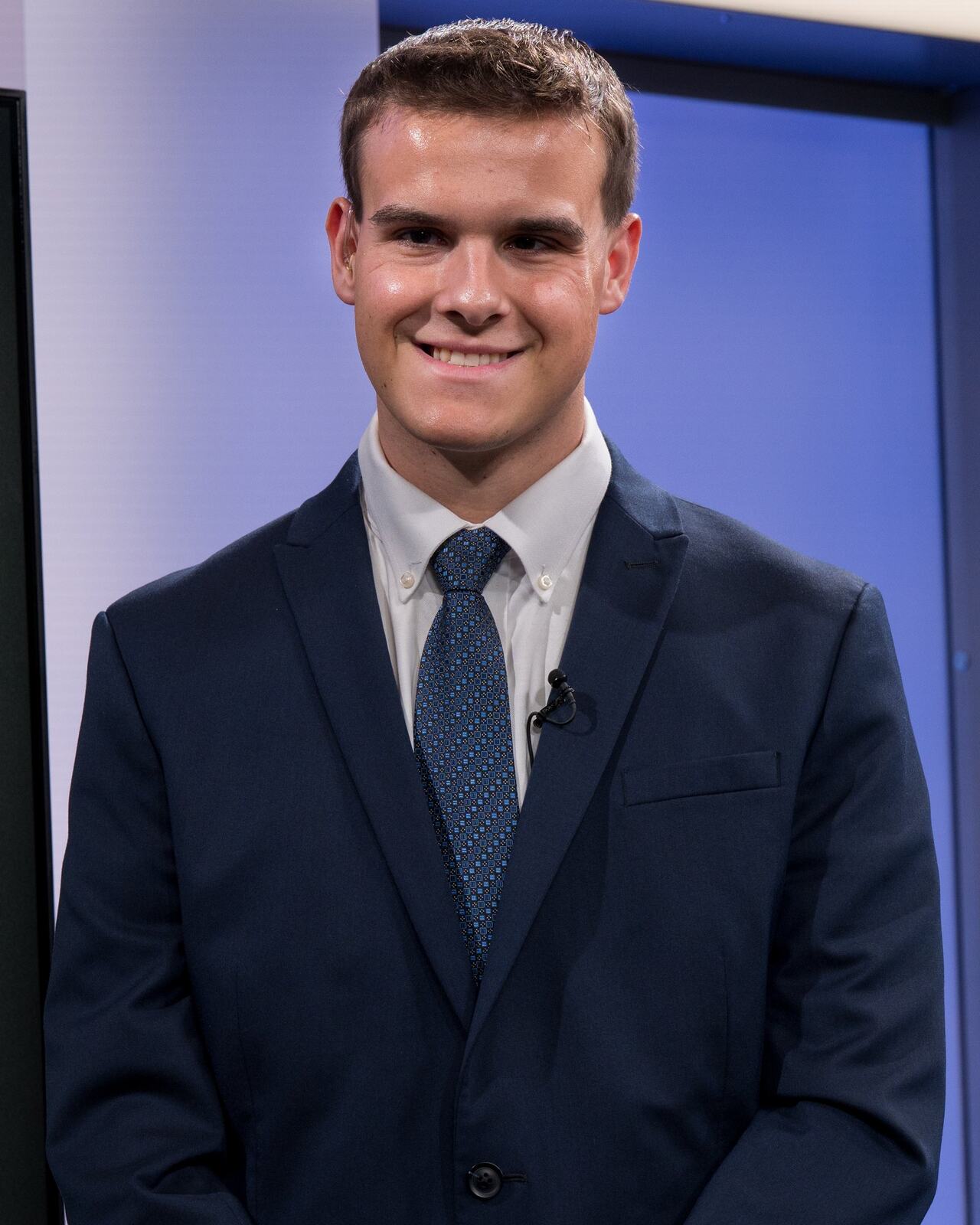 Joseph Draper, sports broadcaster and multimedia journalist, on the broadcast set at Penn State in State College, Pennsylvania